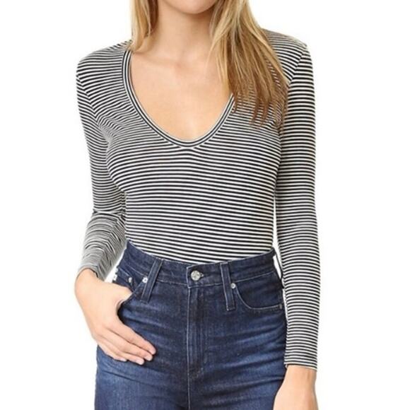 CAPULET Revolve Black Off-White Striped Deep V-Neck Bodysuit - Sz XS - Picture 2 of 7